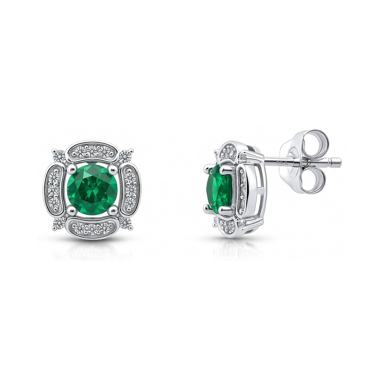 Flower Halo CZ Necklace and Earrings in Sterling Silver, Emerald Color