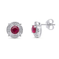 Flower Halo CZ Necklace and Earrings in Sterling Silver, Ruby Color