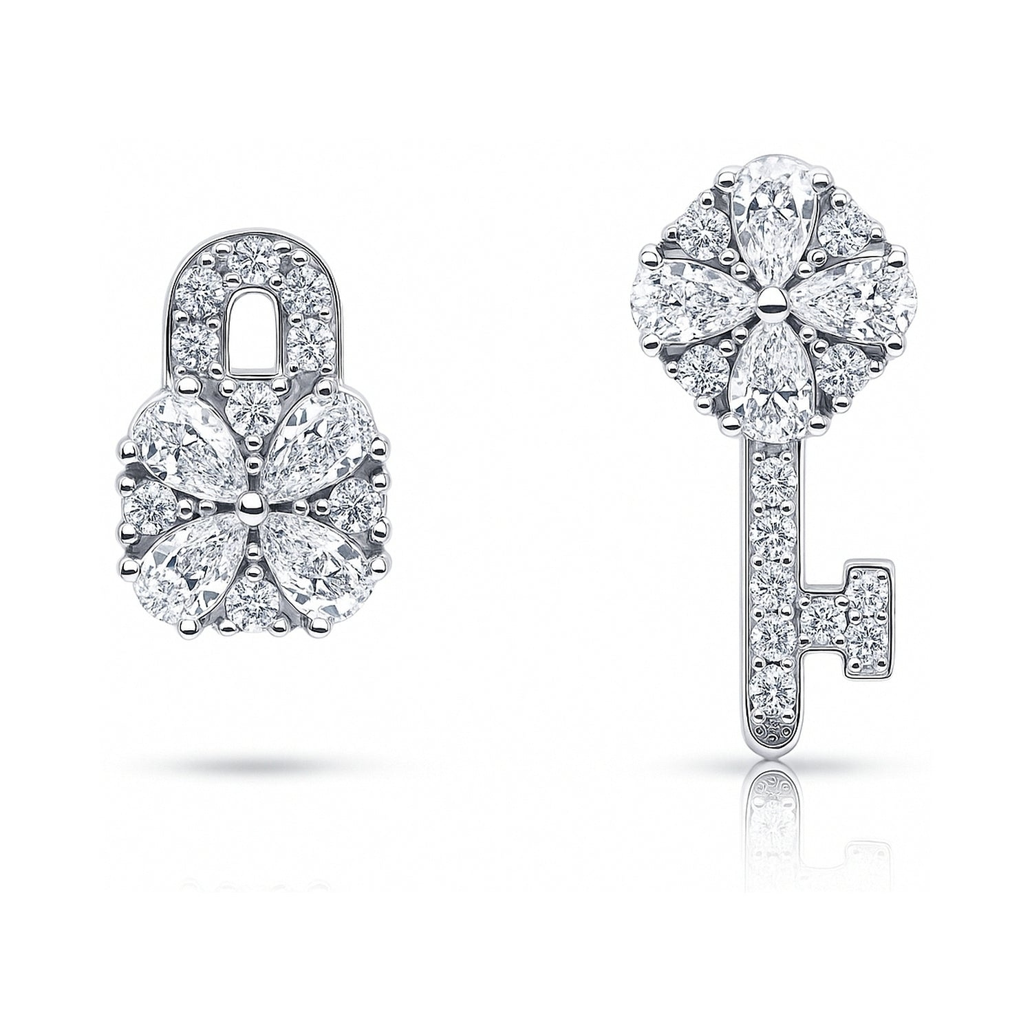 Key and Lock CZ Stud Earrings in Sterling Silver, Clear Color