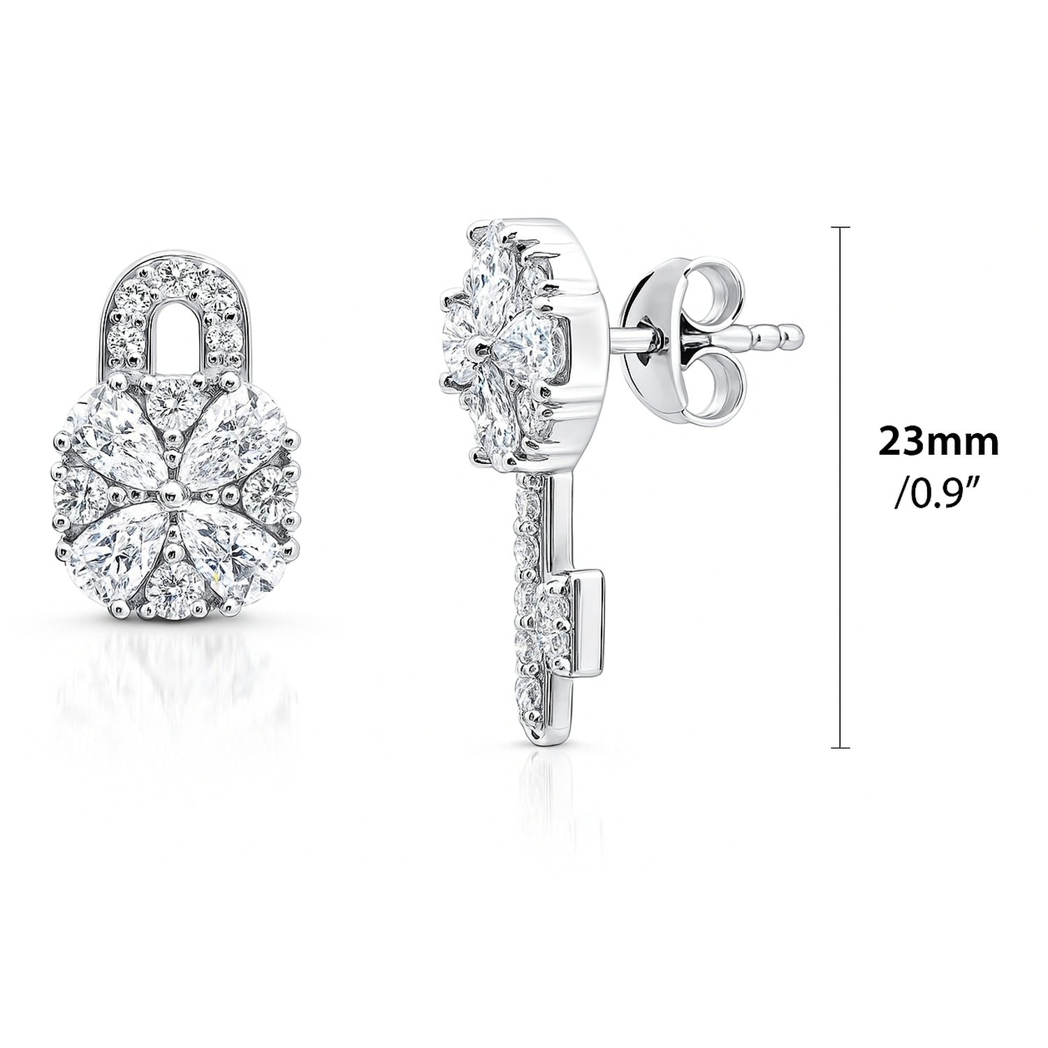 Key and Lock CZ Stud Earrings in Sterling Silver, Clear Color