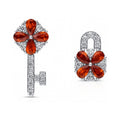 Key and Lock CZ Stud Earrings in Sterling Silver, Red Color