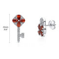 Key and Lock CZ Stud Earrings in Sterling Silver, Red Color