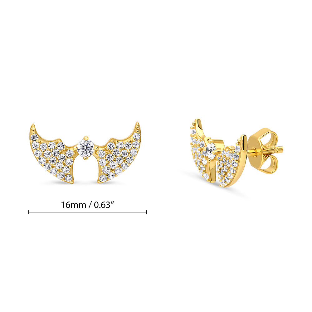 Front view of Bat CZ Stud Earrings in Gold Flashed Sterling Silver, 4 of 7
