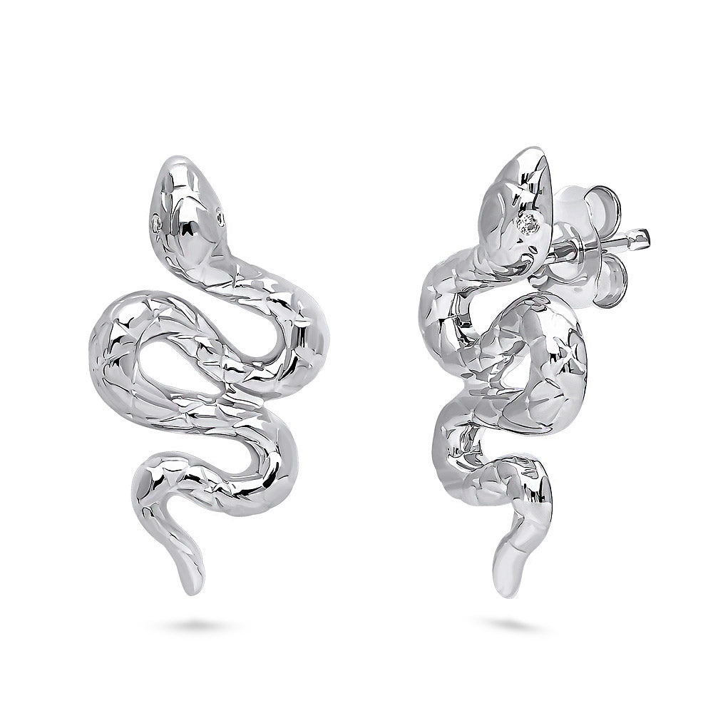 Snake CZ Stud Earrings in Sterling Silver, Rhodium Plated