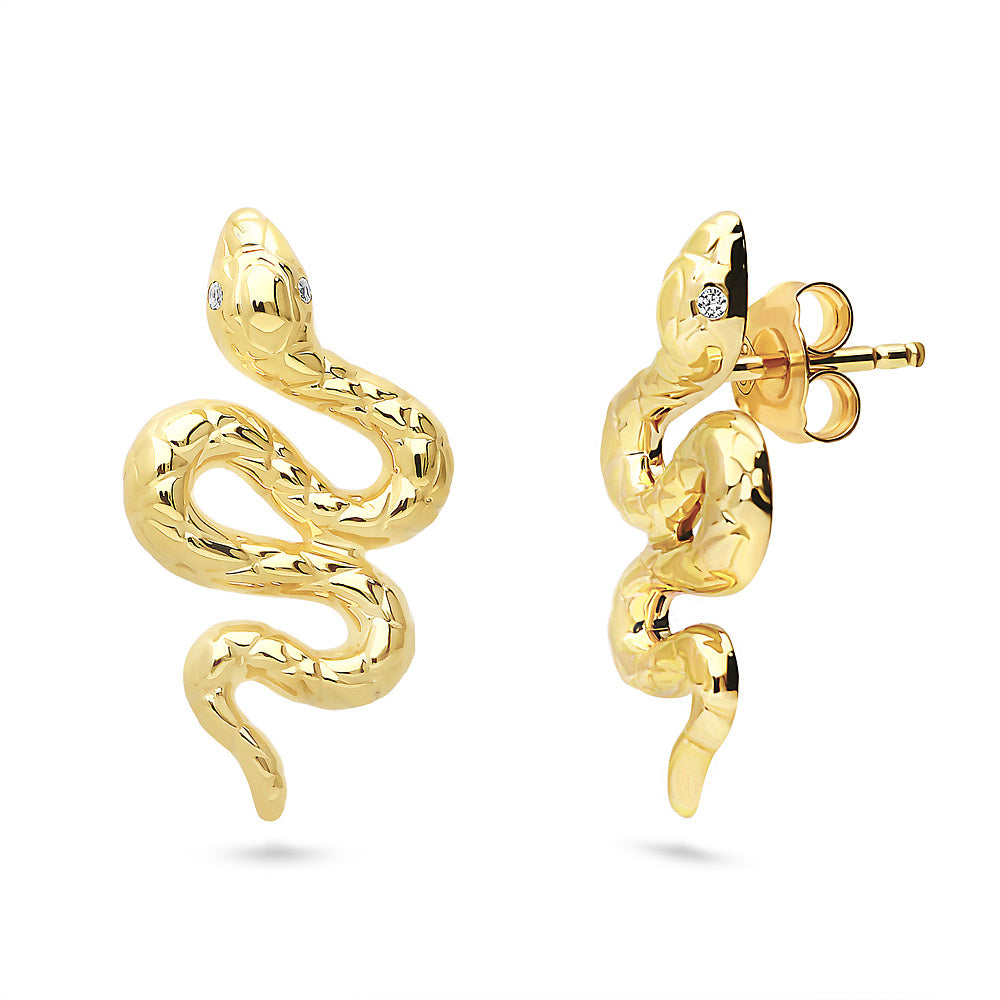 Snake CZ Stud Earrings in Sterling Silver, Yellow Gold Flashed