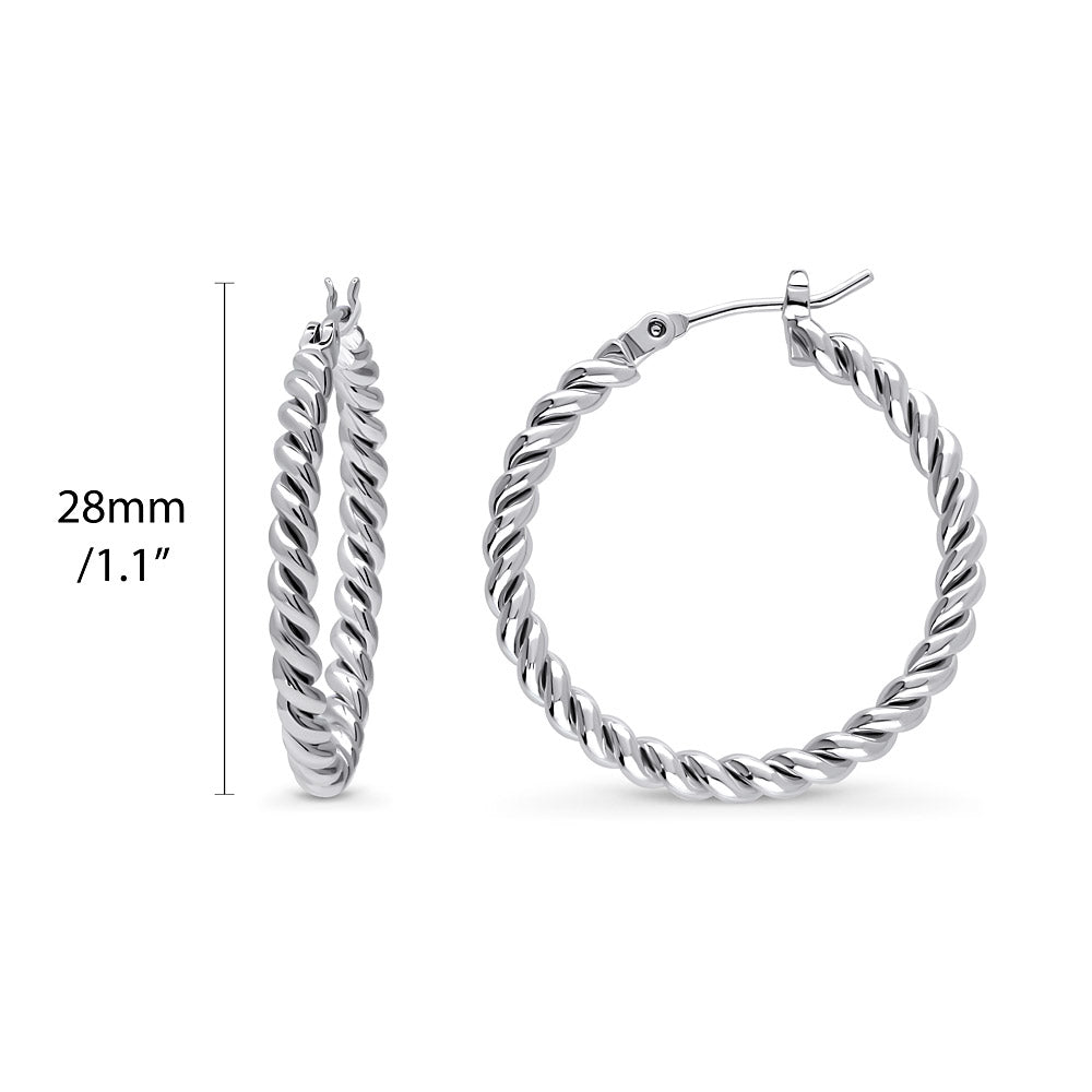 Front view of Cable Medium Hoop Earrings 1.1 inch, Silver-Tone