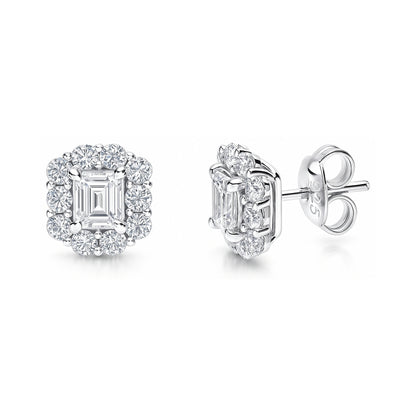 Halo Emerald Cut CZ Stud Earrings in Sterling Silver