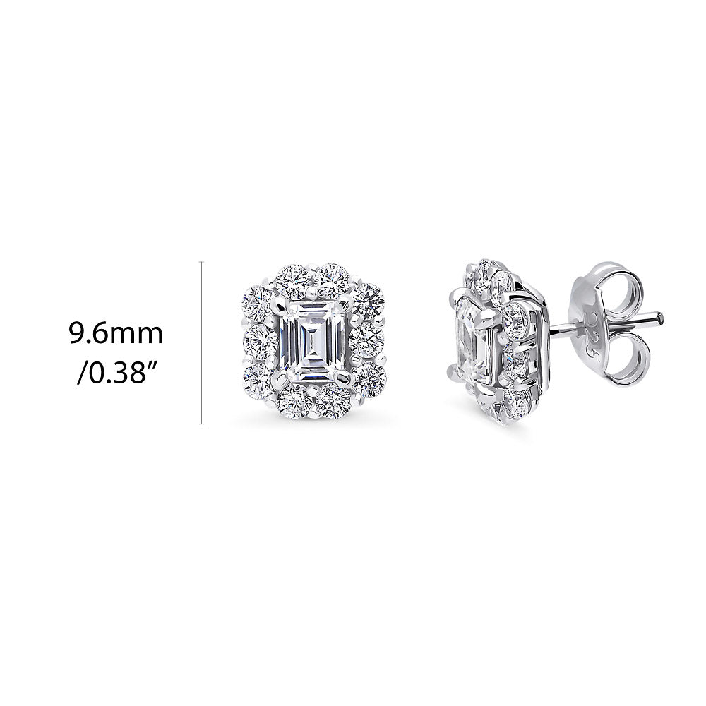 Front view of Halo Emerald Cut CZ Stud Earrings in Sterling Silver, 2 of 2