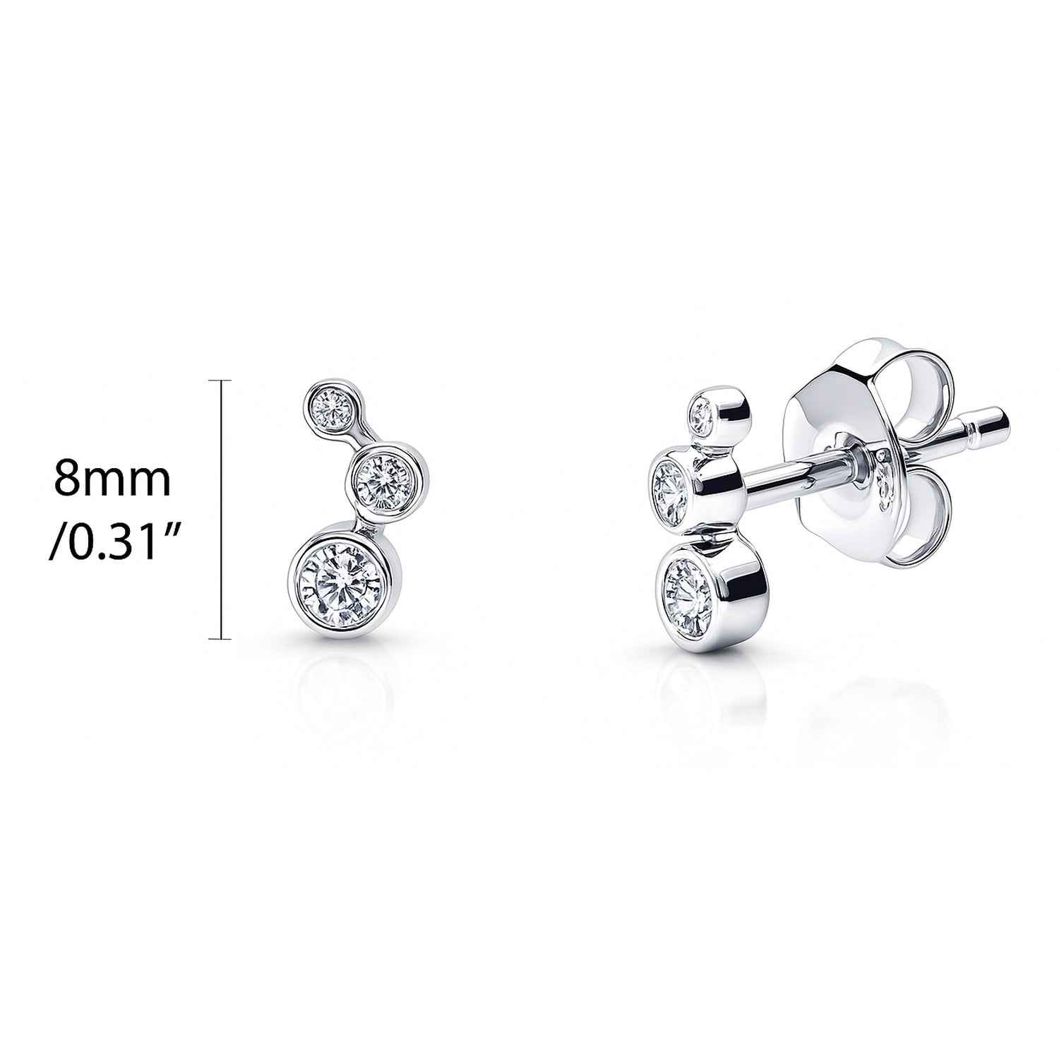 Cartilage Graduated CZ Cartilage Stud Earrings in Sterling Silver, Rhodium Plated