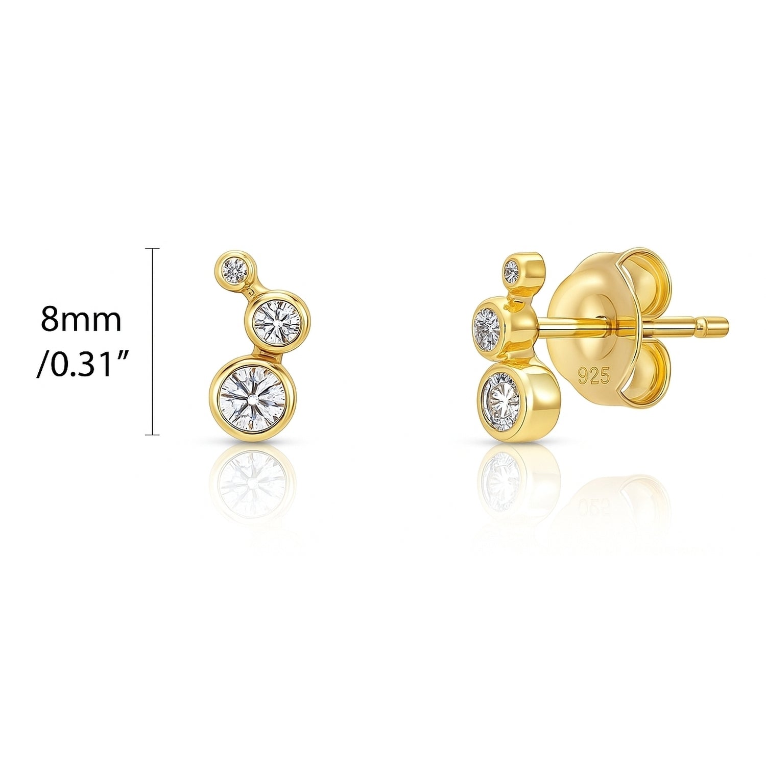 Cartilage Graduated CZ Cartilage Stud Earrings in Sterling Silver, Yellow Gold Flashed