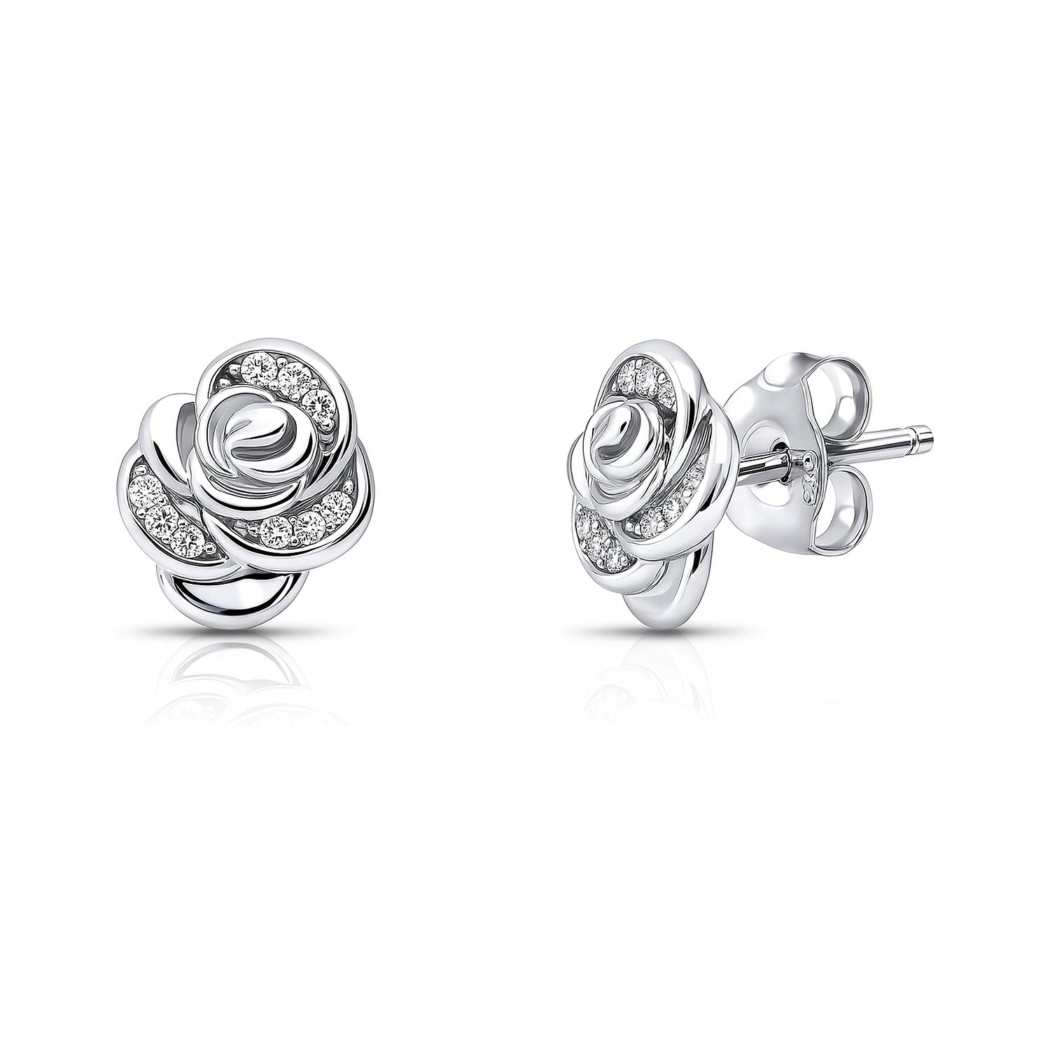 Rose Flower CZ Cartilage Stud Earrings in Sterling Silver, Rhodium Plated