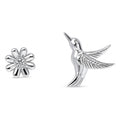 Hummingbird Flower CZ Stud Earrings in Sterling Silver, Rhodium Plated