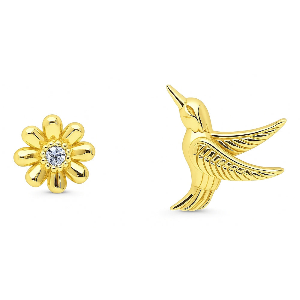 Hummingbird Flower CZ Stud Earrings in Sterling Silver