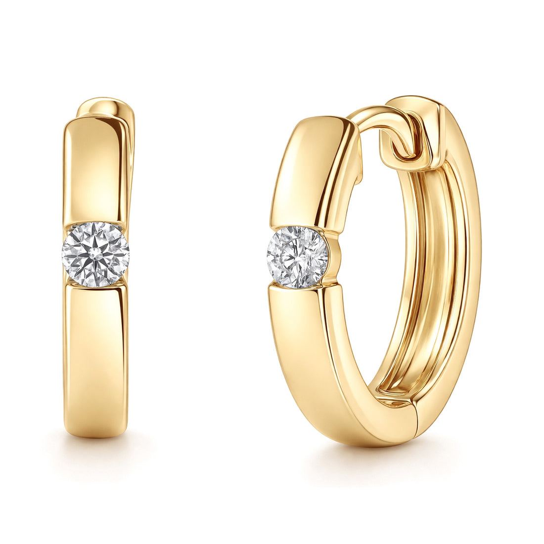 Solitaire CZ Small Hoop Earrings Gold Flashed 0.6"