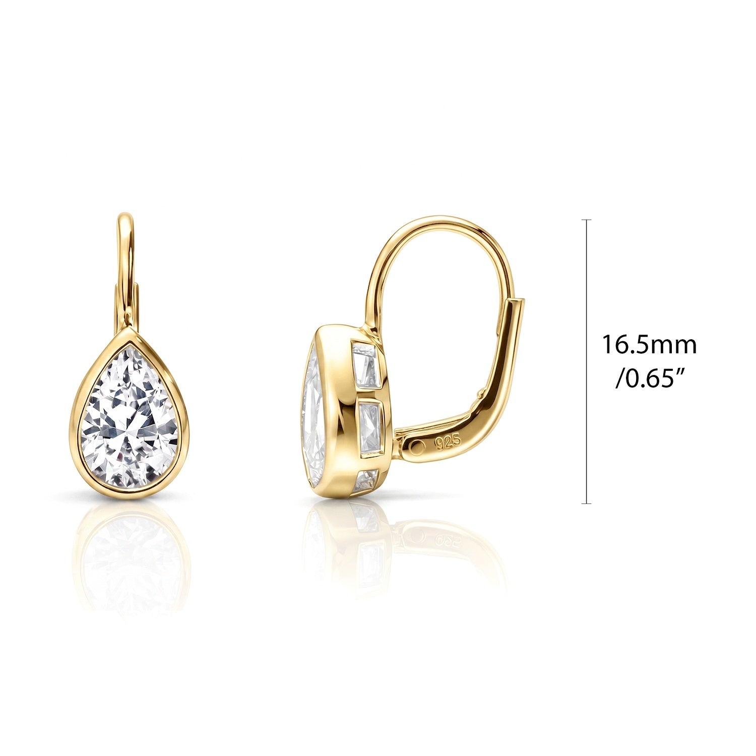 Solitaire 2.6ct Pear CZ Leverback Earrings in Sterling Silver, Gold Flashed