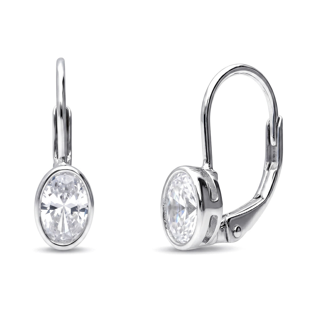 Solitaire Oval Oval CZ Leverback Earrings in Sterling Silver