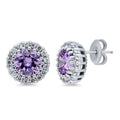 Halo CZ Stud Earrings in Sterling Silver, Purple