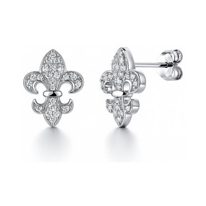 Fleur De Lis CZ Stud Earrings in Sterling Silver