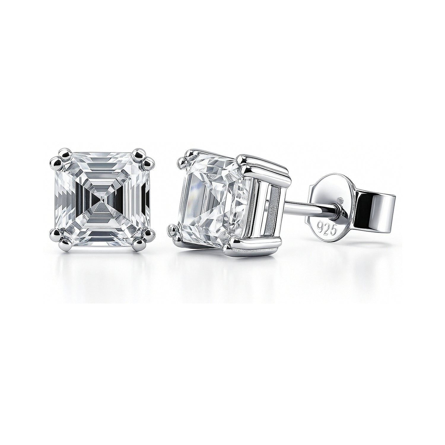 Solitaire Asscher CZ Stud Earrings in Sterling Silver, 4mm