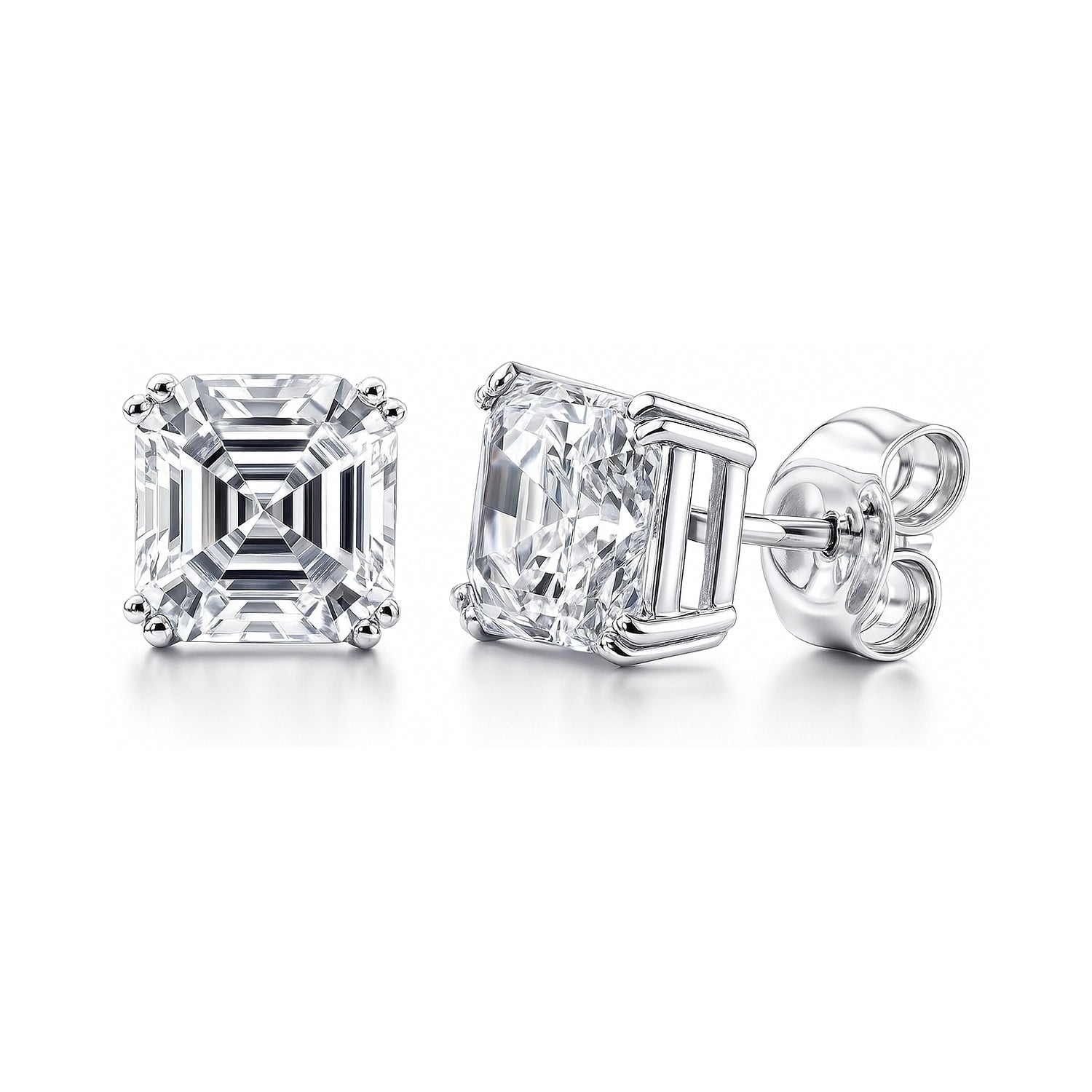 Solitaire Asscher CZ Stud Earrings in Sterling Silver, 6mm