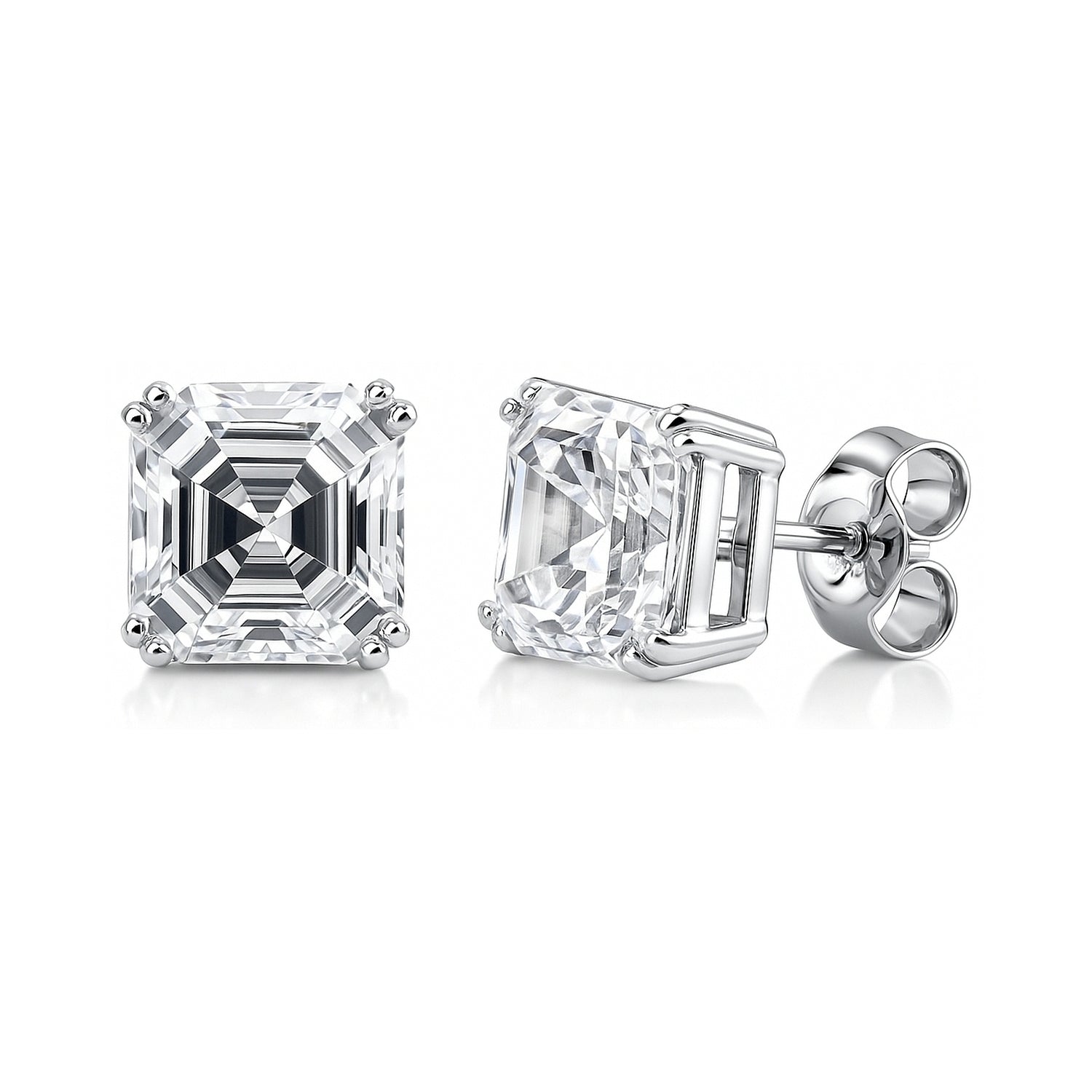 Solitaire Asscher CZ Stud Earrings in Sterling Silver, 7mm