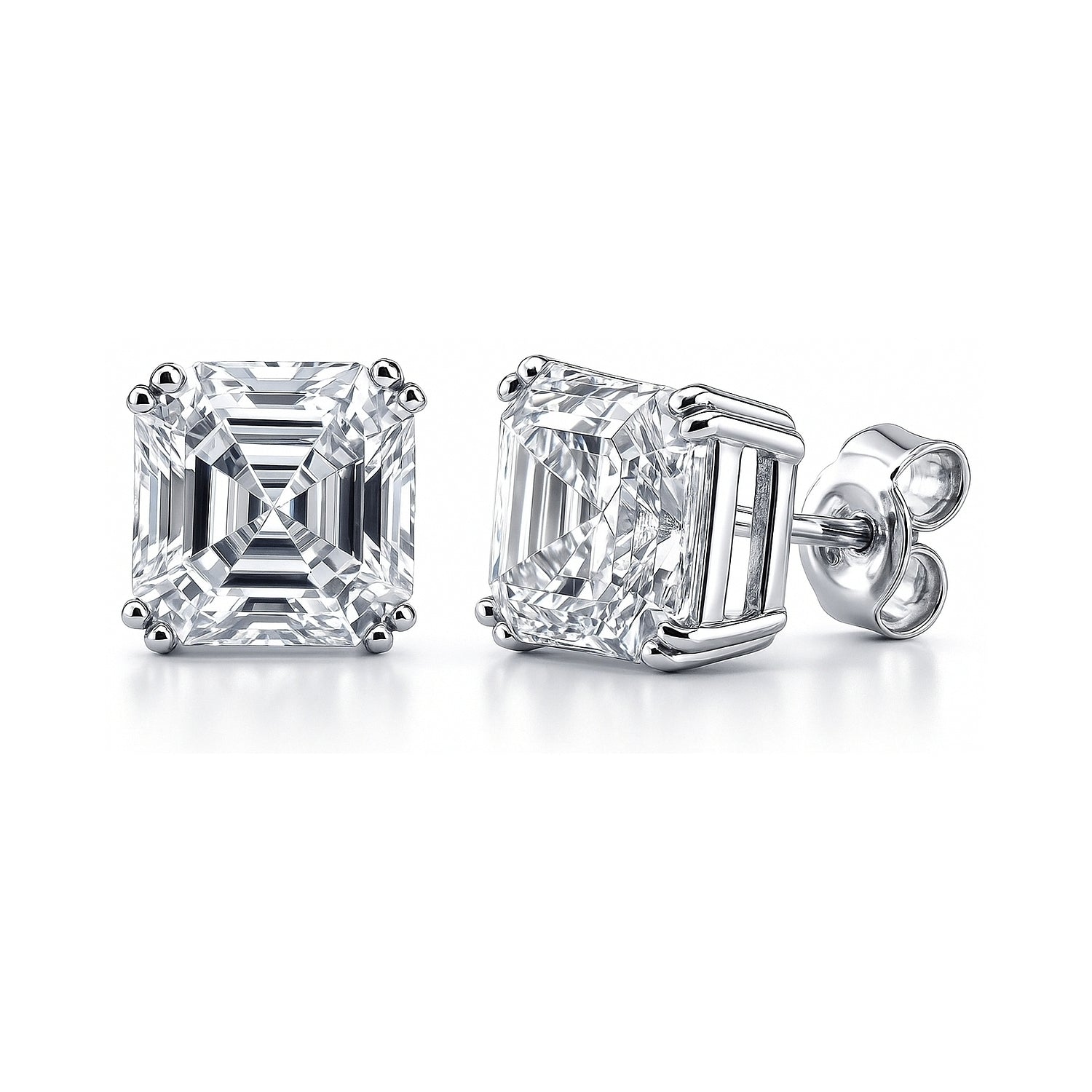 Solitaire Asscher CZ Stud Earrings in Sterling Silver, 8mm