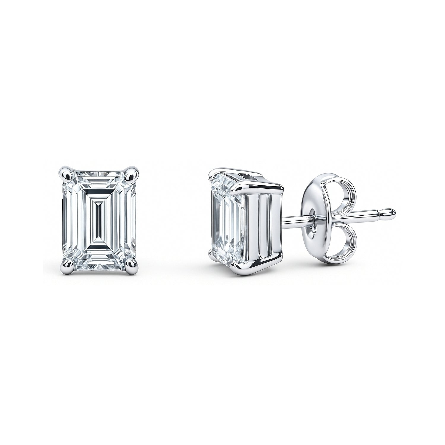 Solitaire Emerald Cut CZ Stud Earrings in Sterling Silver, 7mm x 5mm