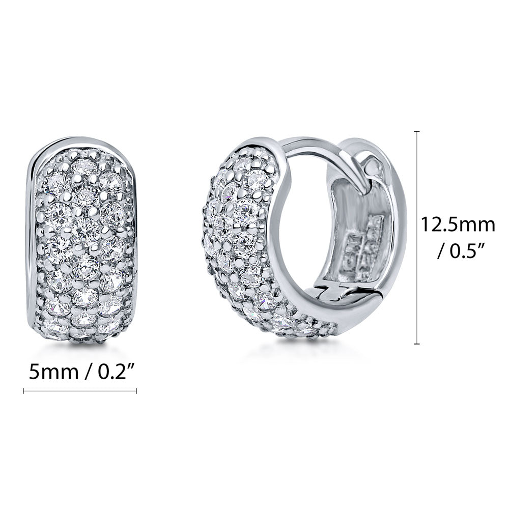 Front view of Dome CZ Small Huggie Earrings in Sterling Silver 0.5 inch, Rhodium Plated