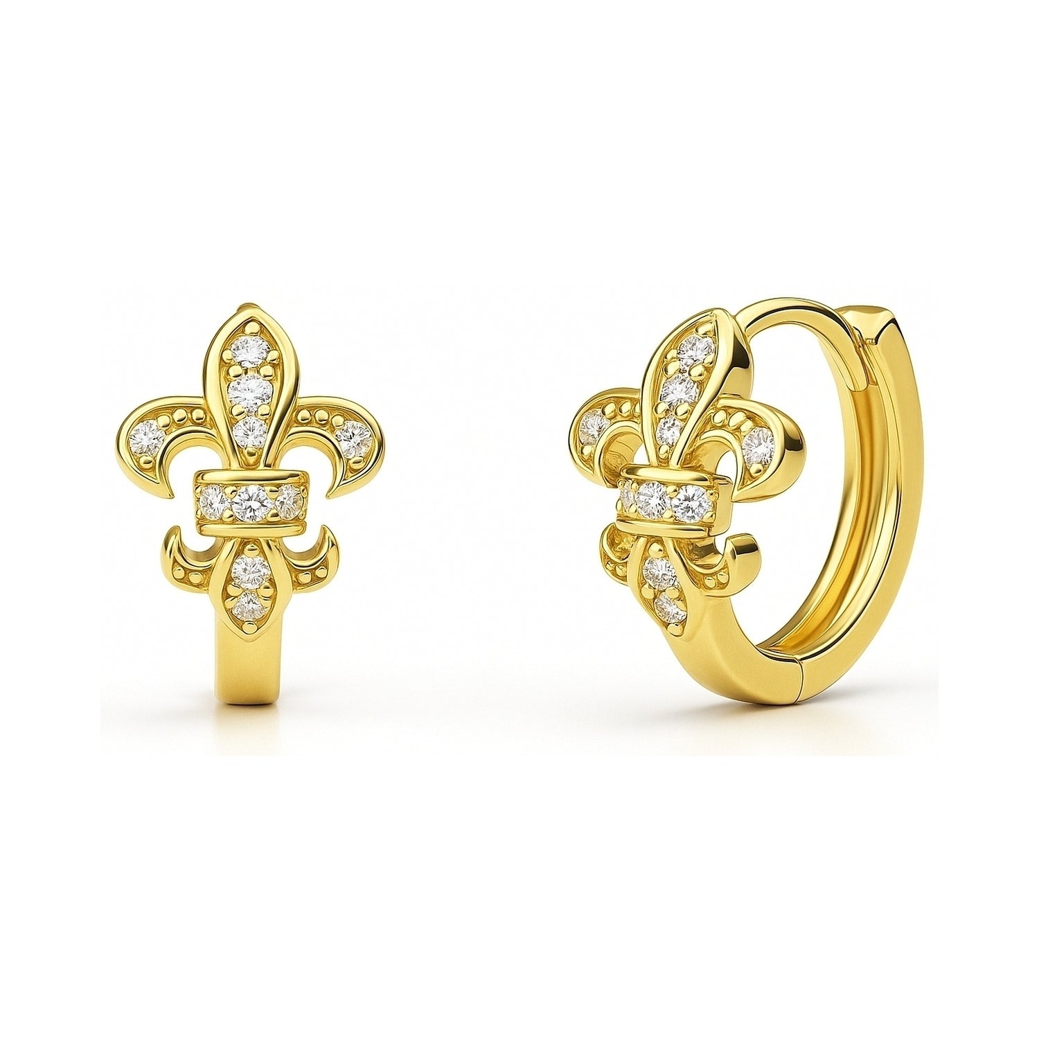 Fleur De Lis CZ Mini Huggie Earrings in Sterling Silver 0.5 inch, Yellow Gold Flashed