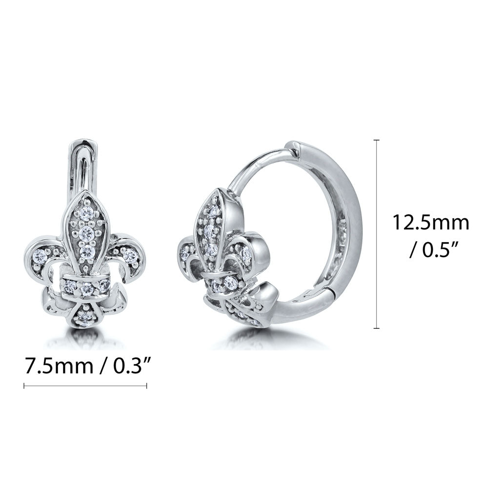 Angle view of Fleur De Lis CZ Small Huggie Earrings in Sterling Silver 0.5 inch, Rhodium Plated