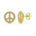 Peace Sign CZ Stud Earrings in Sterling Silver, Yellow Gold Flashed