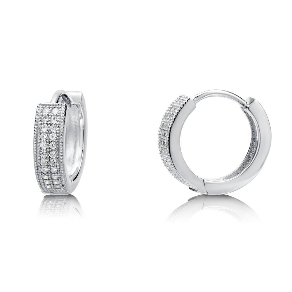 Milgrain CZ Small Huggie Earrings in Sterling Silver 0.56 inch, Rhodium Plated