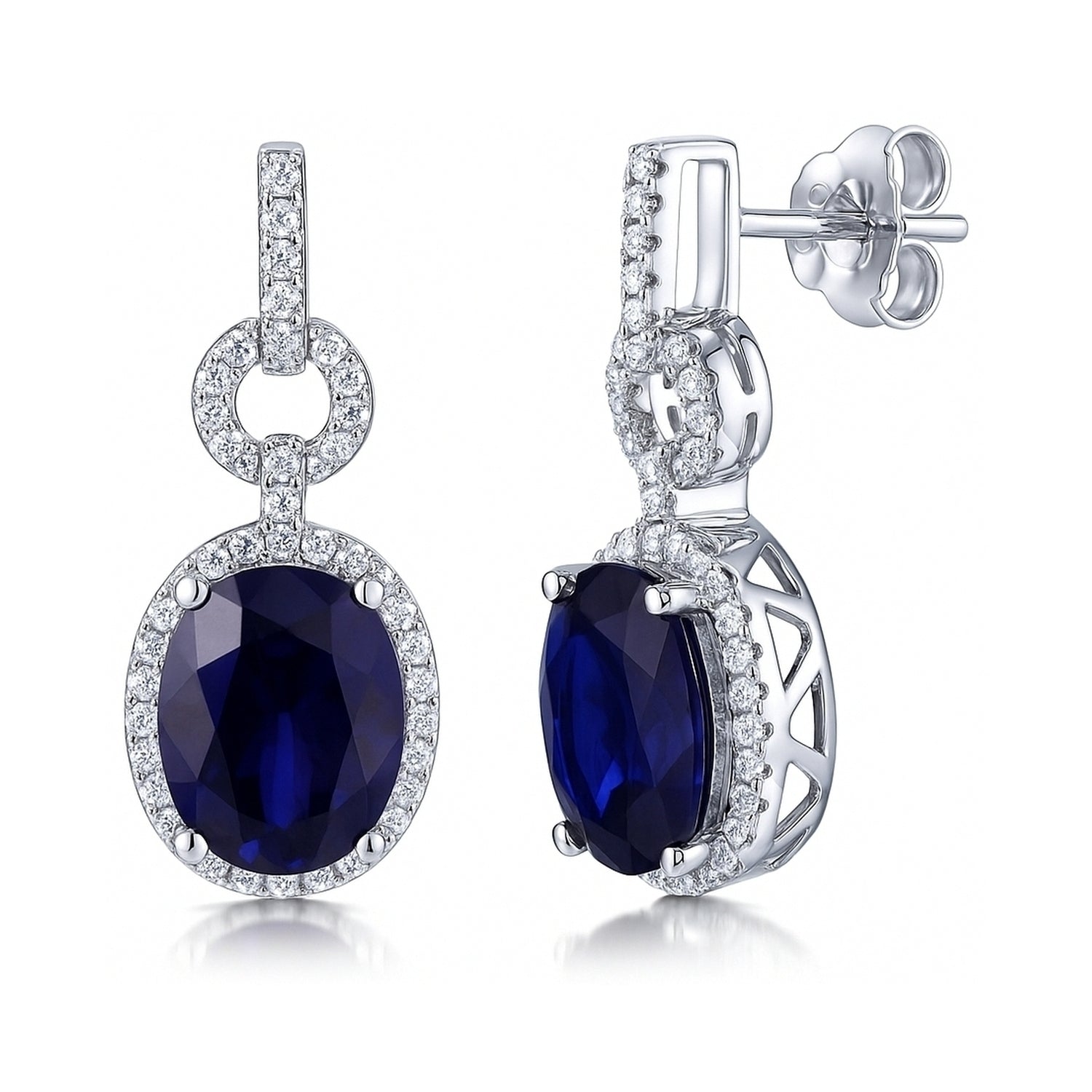 Halo Sapphire-Blue Oval CZ Earrings in Sterling Silver, 1 of 2