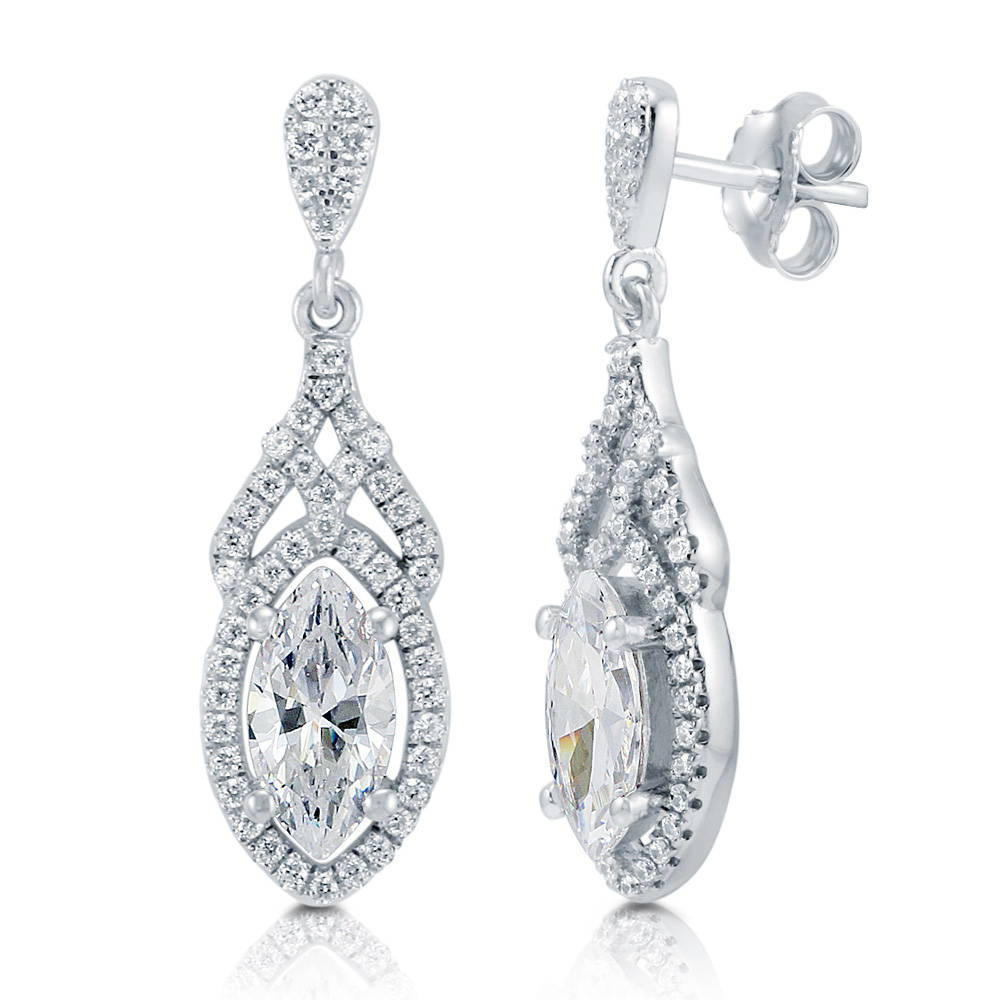 Halo Art Deco Marquise CZ Earrings in Sterling Silver