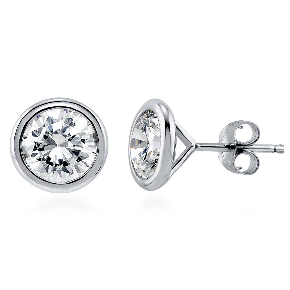 Martini Solitaire Bezel CZ Stud Earrings, Rhodium Plated, Clear / 5mm