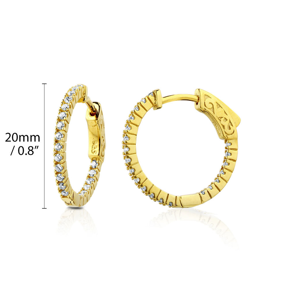 Angle view of CZ Medium Inside-Out Hoop Earrings in Sterling Silver 0.75 inch, Yellow Gold Flashed