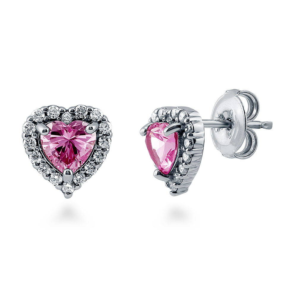 Halo Heart Heart CZ Stud Earrings in Sterling Silver, 5 of 19