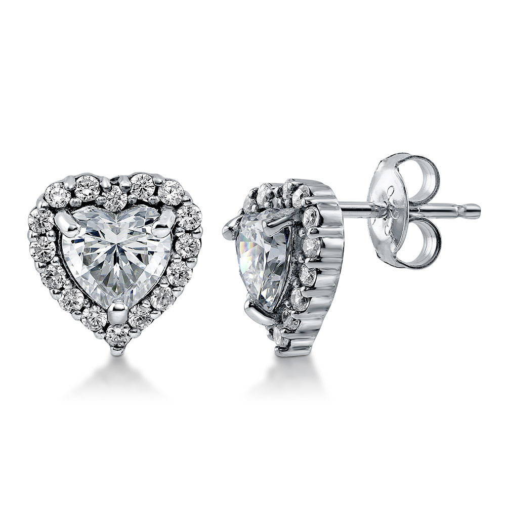 Halo Heart Heart CZ Stud Earrings in Sterling Silver