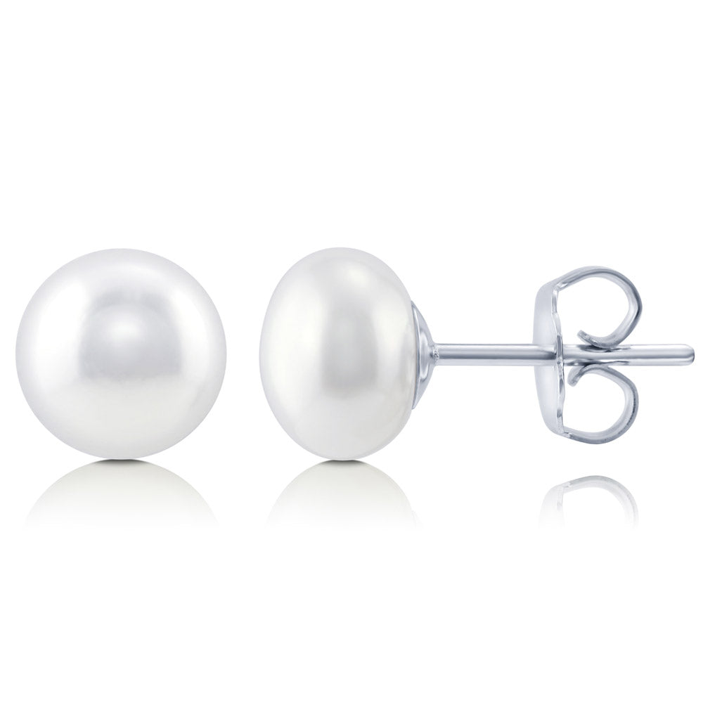 Solitaire Cultured Pearl Stud Earrings in Sterling Silver, White Color