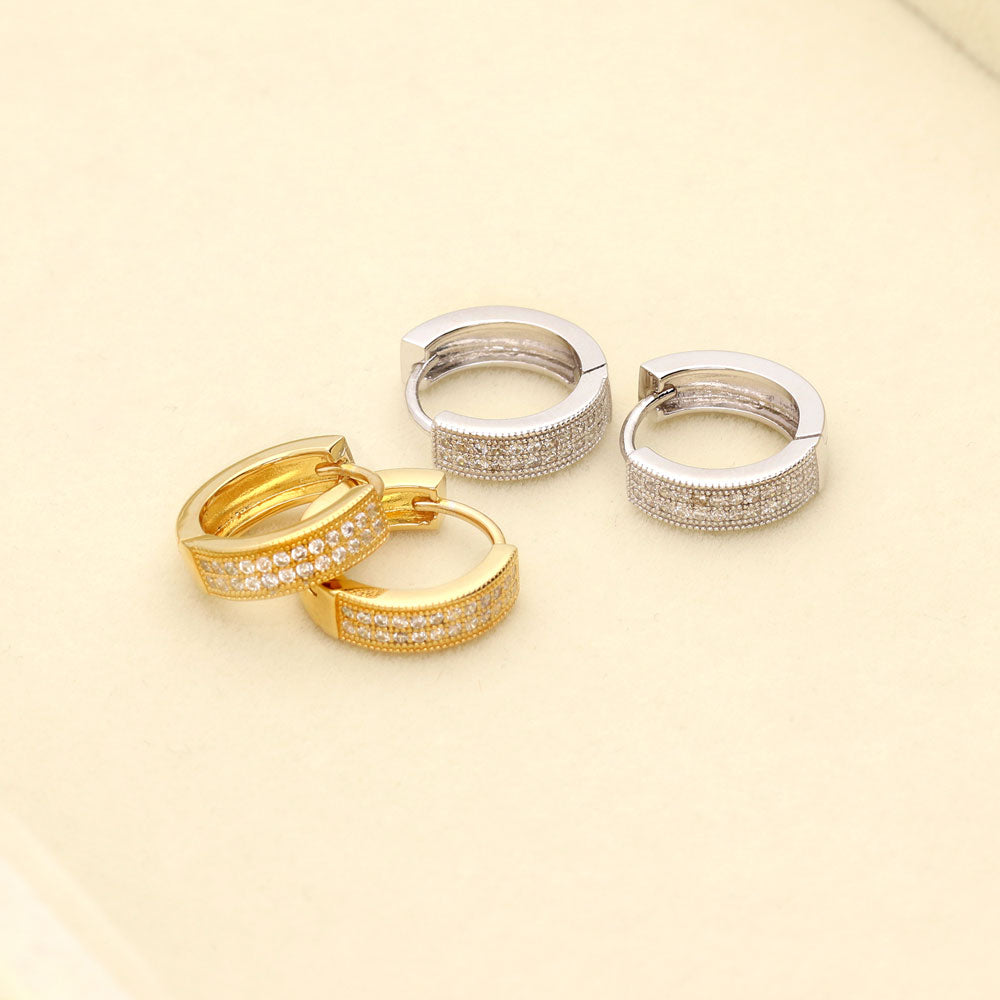Milgrain CZ Huggie Earrings in Sterling Silver 0.6", 2 Pairs