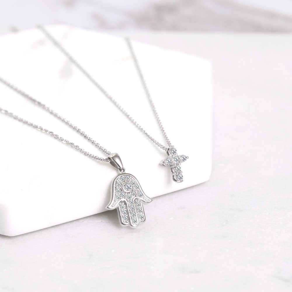 Flatlay view of Cross CZ Pendant Necklace in Sterling Silver, Rhodium Plated