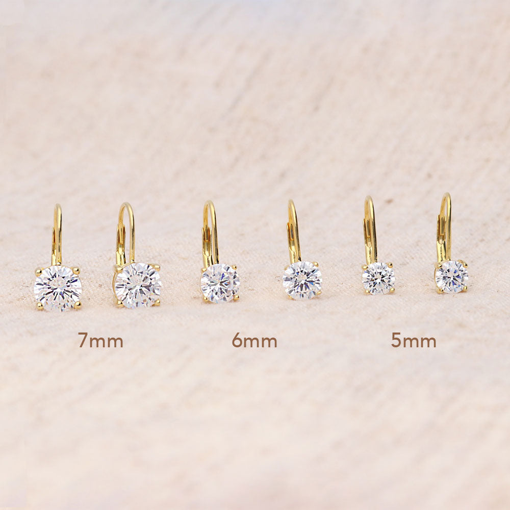 Flatlay view of Solitaire CZ Leverback Earrings in Gold Flashed Sterling Silver