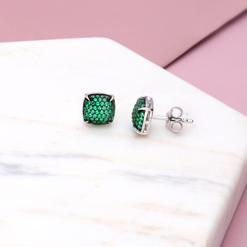 Flatlay view of Square CZ Stud Earrings in Sterling Silver, Blue Color