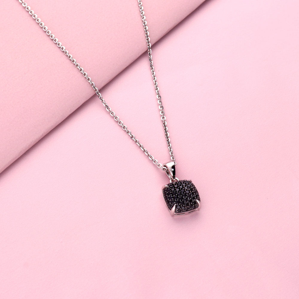 Flatlay view of Square CZ Pendant Necklace in Sterling Silver, Black Color