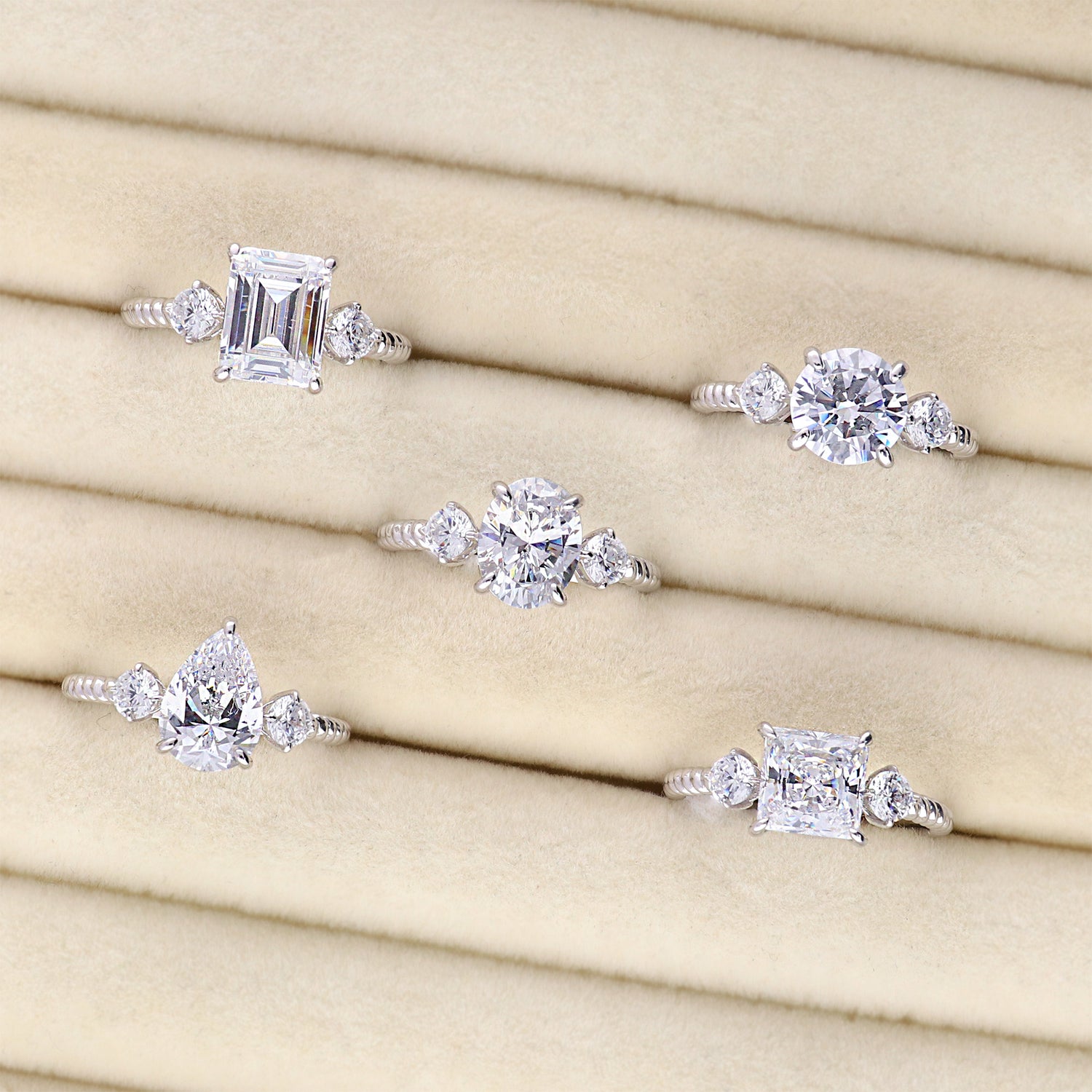 Flatlay view of 3-Stone Woven 2ct Princess CZ Ring in Sterling Silver, 9 of 9