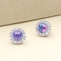 Flatlay view of Halo Kaleidoscope CZ Stud Earrings in Sterling Silver, Purple Aqua Color