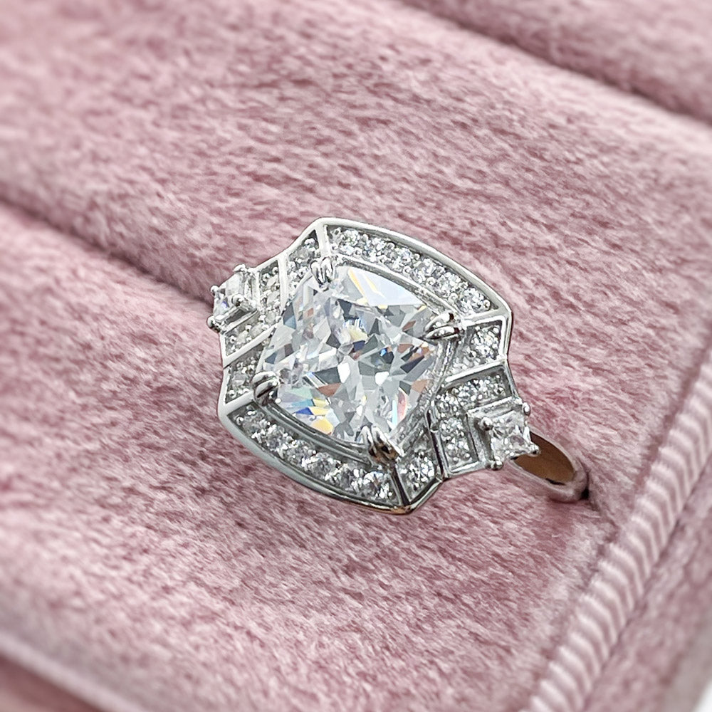 Halo Arrow Art Deco Cushion CZ Ring in Sterling Silver