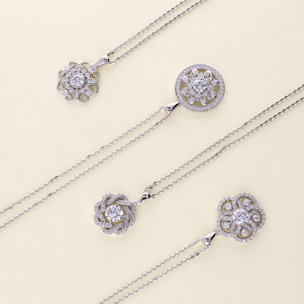 Flower Medallion CZ Pendant Necklace in Sterling Silver