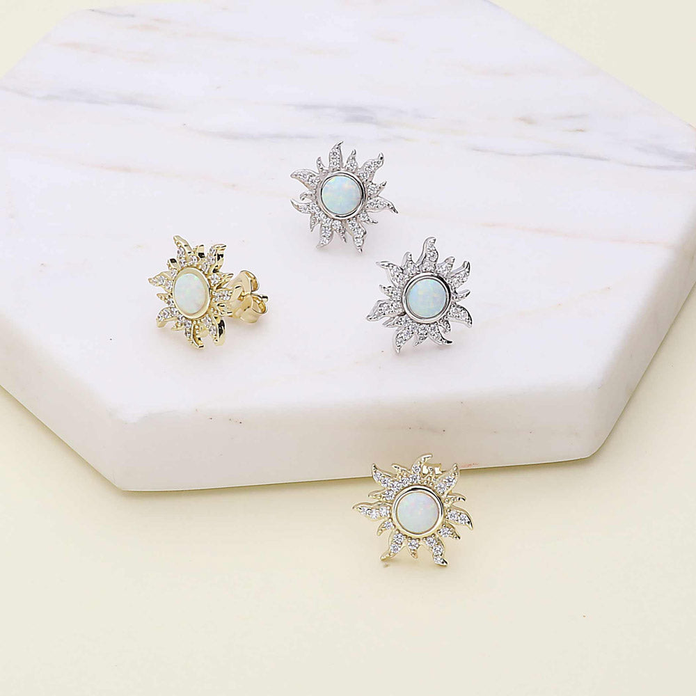 Sun Sunburst Halo Opal-White CZ Stud Earrings in Sterling Silver