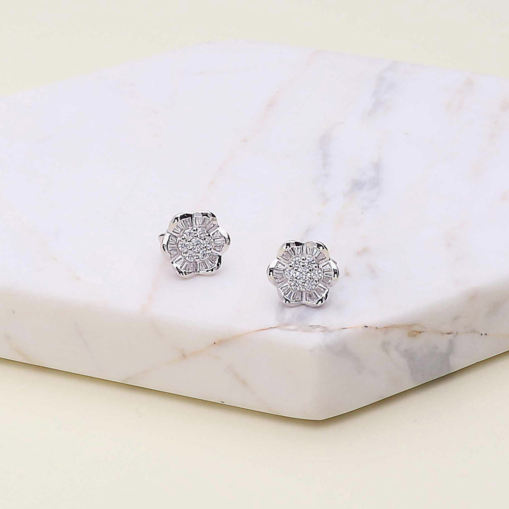 Flatlay view of Flower CZ Stud Earrings in Sterling Silver, 4 of 5